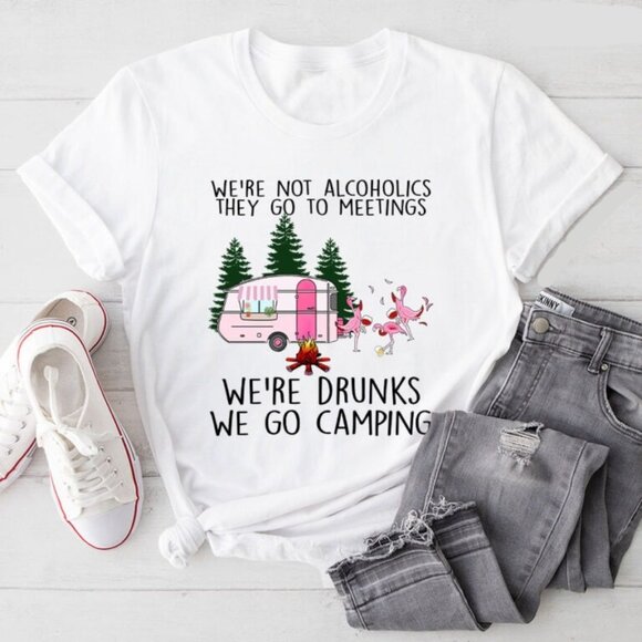 Were Not Alcoholics Camping Flamingo Graphic T-Shirt Funny Drinking Humor Shirt - Picture 1 of 5